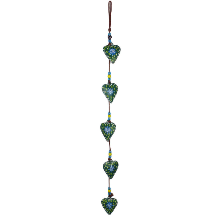 Hanging Mobile Decoration String of Hearts - Green - Brown String