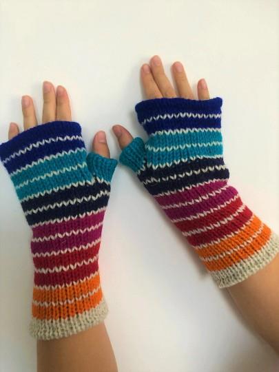 Wool Knit Fleece Lined  Wrist Warmers - Stripe Blue