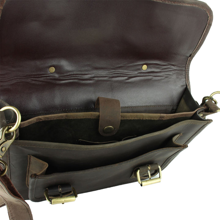 Real Leather Two Compartment Satchel - Dark Brown