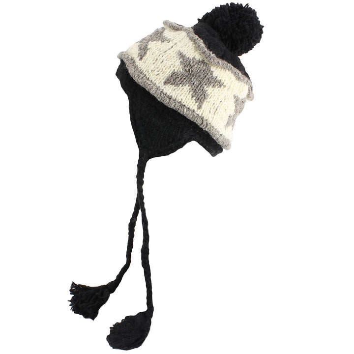 Wool Knit Earflap Bobble Hat - Star Black