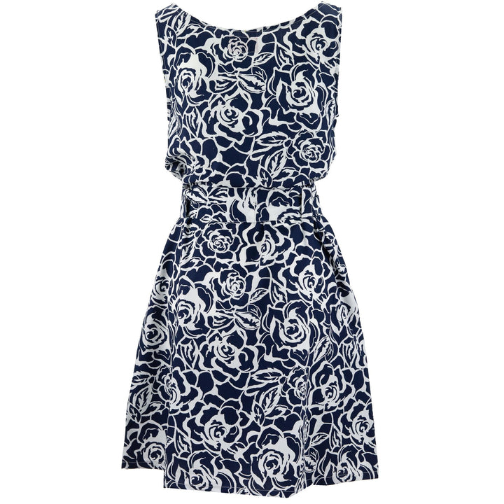 Belted Dress - Monochrome Roses Navy & White