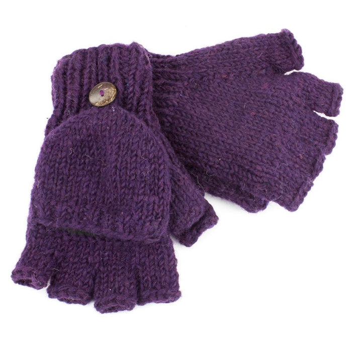 Chunky Wool Knit Fingerless Shooter Gloves - Plain - Purple