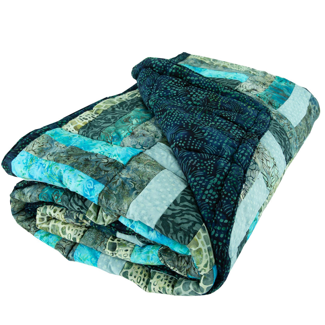 Handmade Quilted Patchwork Batik Printed Bedspread - Ocean Blue