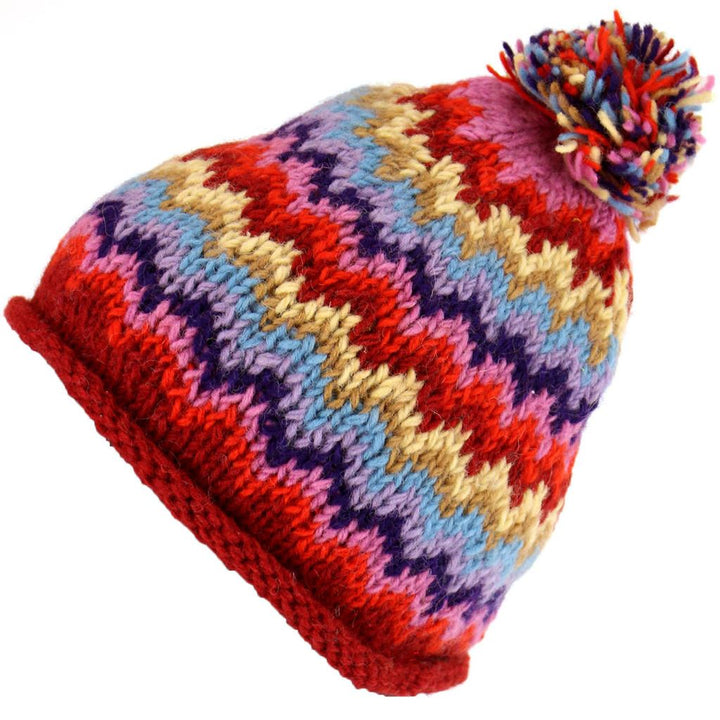 Chunky wool knit 'Zig-Zag' beanie bobble hat - Multicoloured