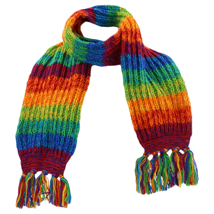 Long Chunky Knit Wool Multi Mix Scarf - Rainbow Space Dye