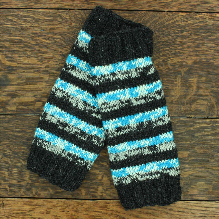 Hand Knitted Wool Leg Warmers - Stripe SD Light Blue Charcoal