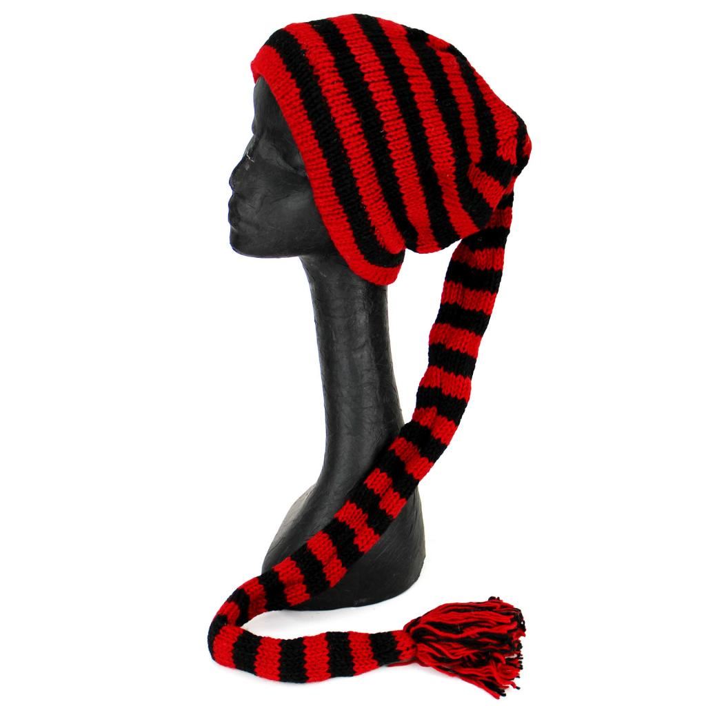 Wool Knit 'Tinky Winky' Tail Beanie Hat - Red & Black