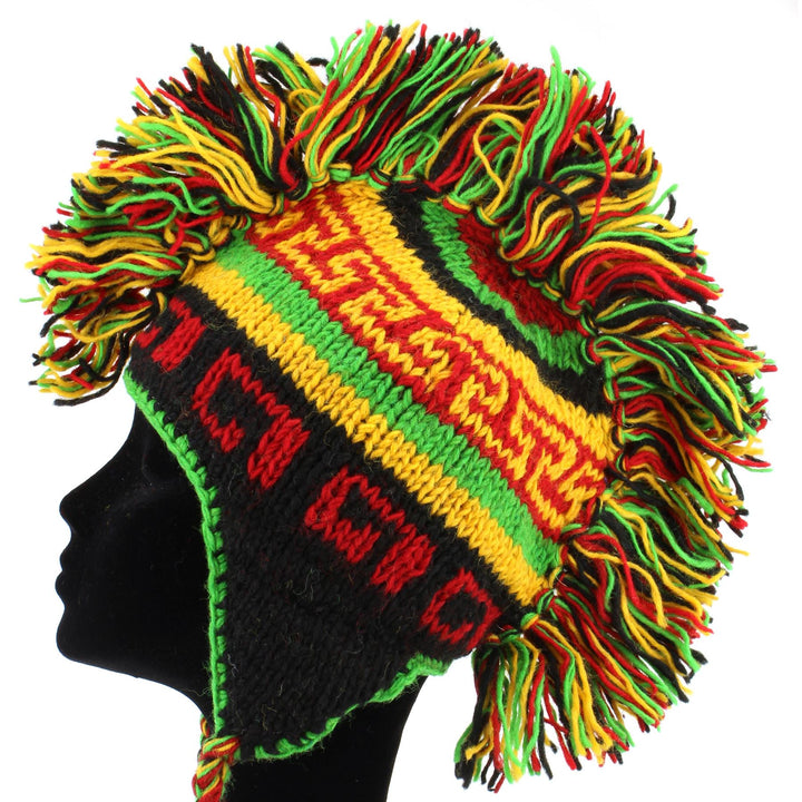 Wool Knit 'Punk' Mohawk Earflap Beanie Hat - Rasta