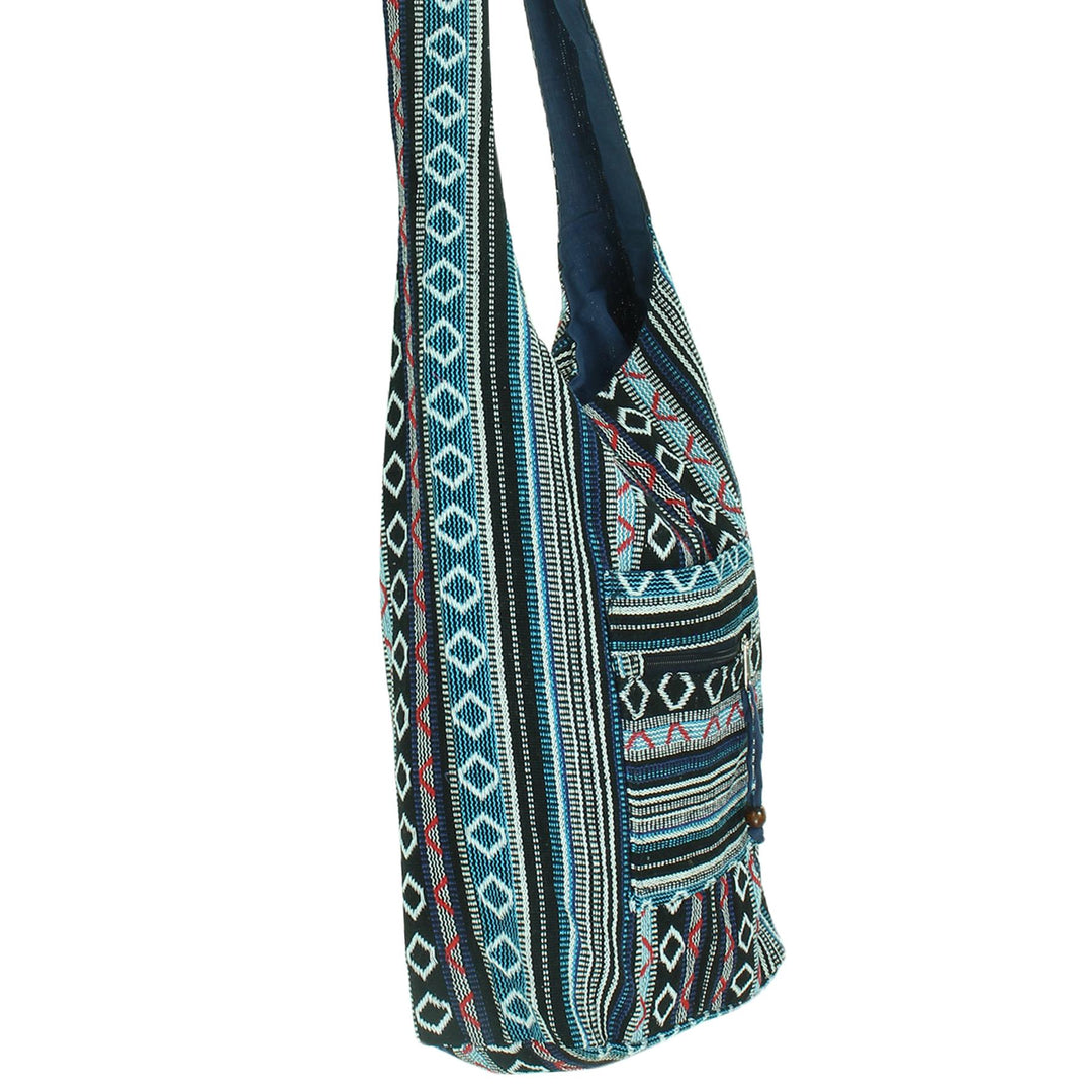 Diamond Pattern Canvas Sling Shoulder Bag - Black Blue