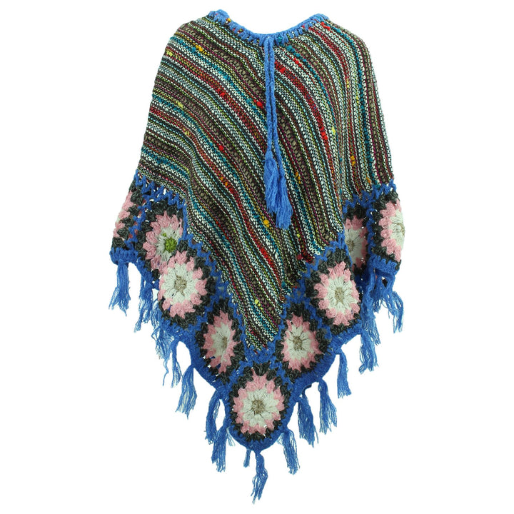 Granny Squares Crochet Poncho Long - Black Multi/Blue