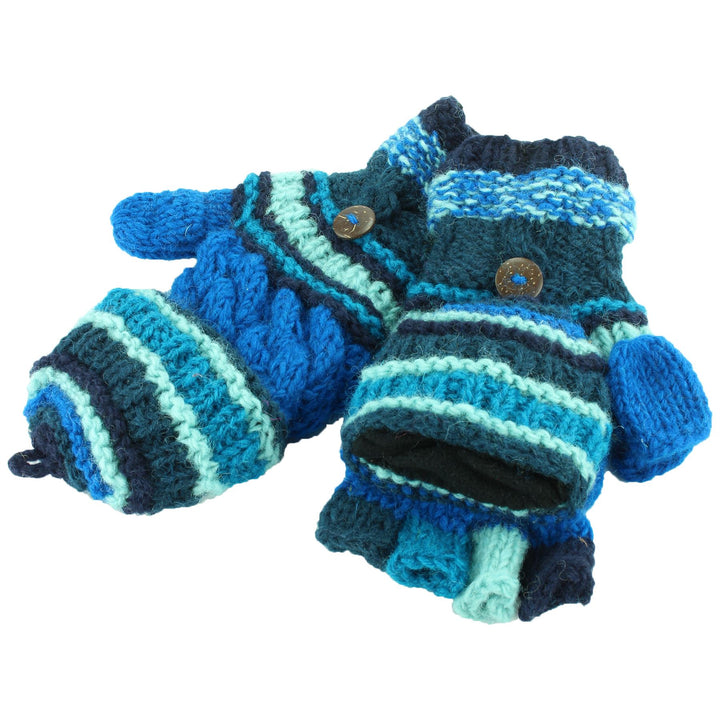 Chunky Wool Fingerless Shooter Gloves - Striped Mixed Knits - Blue