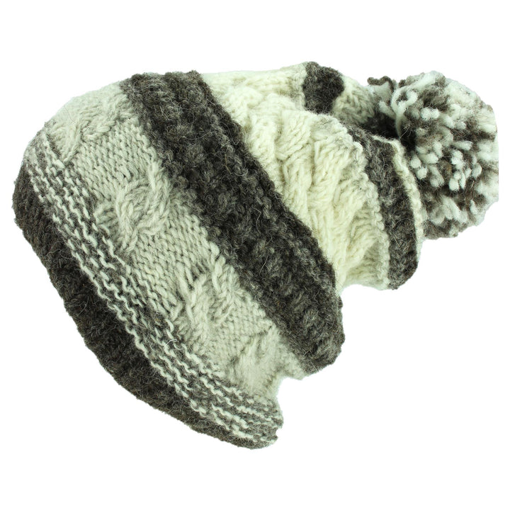 Wool Knit Bobble Beanie Hat - Stripe Natural