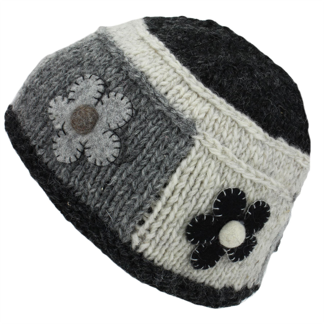 Ladies Wool Knit Beanie Hat with Flower Patch Design - Charcoal