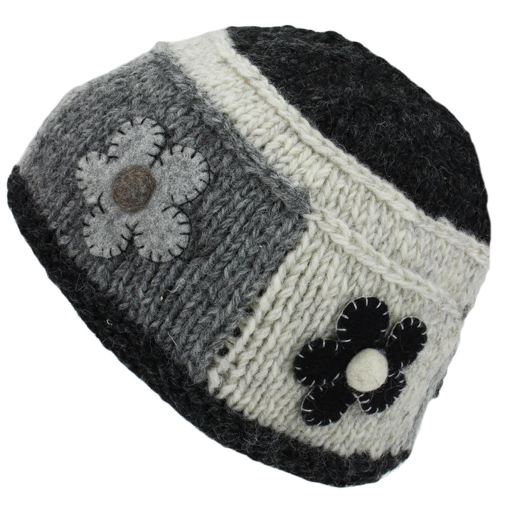 Ladies Wool Knit Beanie Hat with Flower Patch Design - Charcoal