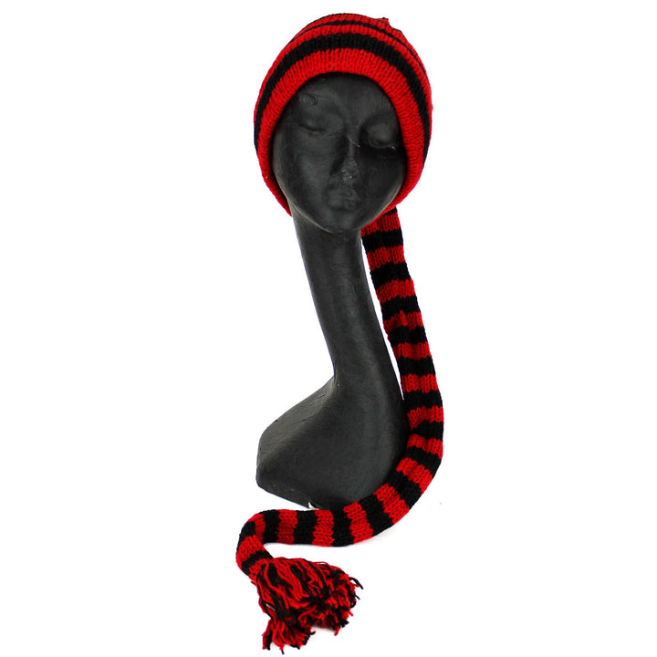 Wool Knit 'Tinky Winky' Tail Beanie Hat - Red & Black