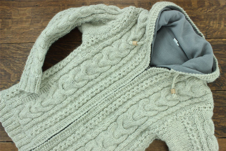 Handmade Wool Cable Knit Hooded Jacket - Light Grey