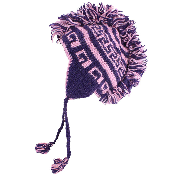 Wool Knit 'Punk' Mohawk Earflap Beanie Hat - Purples (Adult)