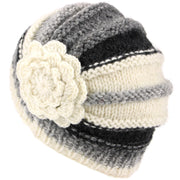 Ladies Chunky Wool Knit Shell Shaped Beanie Hat with Side Flower - Off White