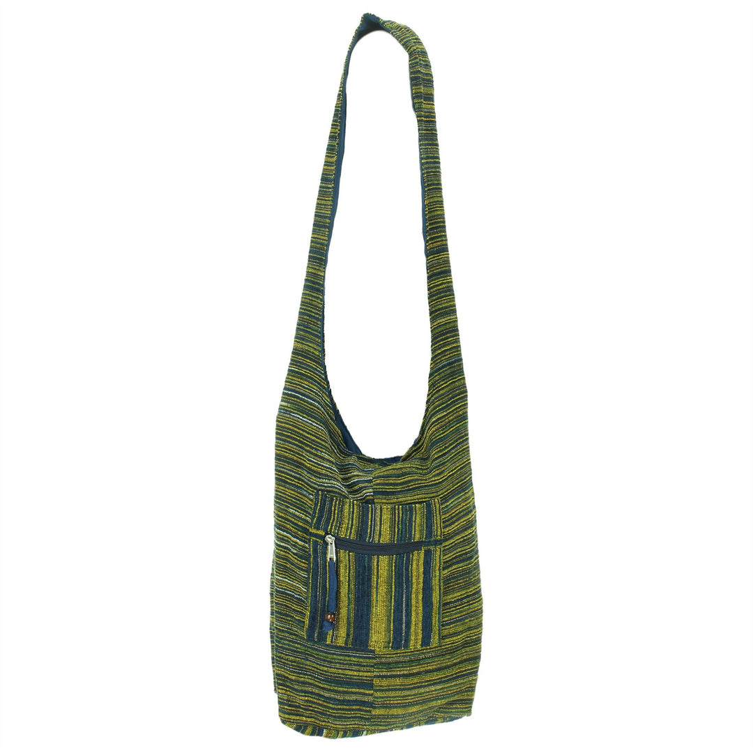 Striped Chenille Sling Shoulder Bag - Navy Yellow