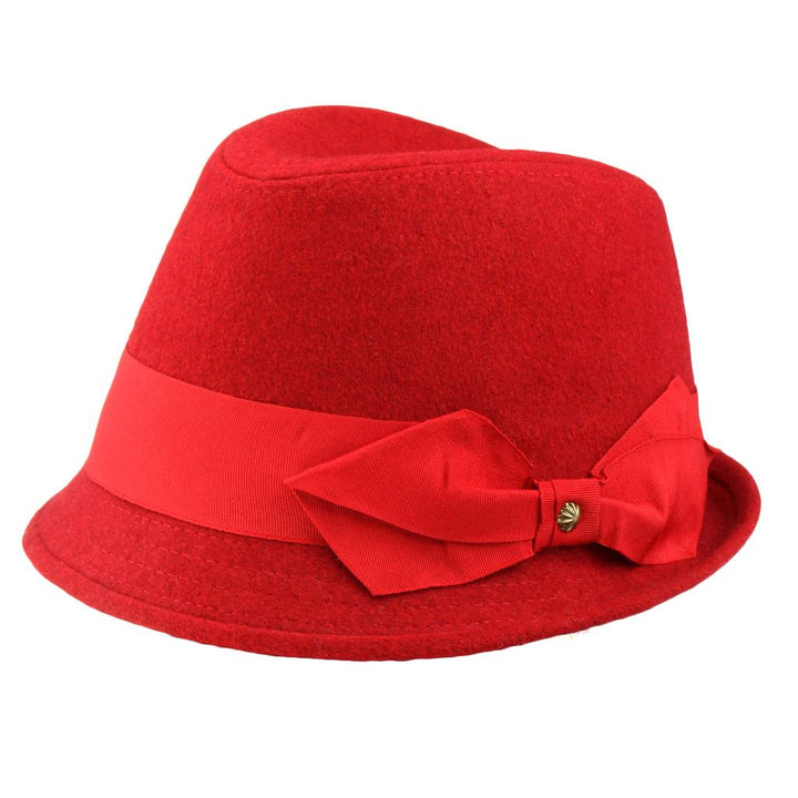 Wool trilby hat with short brim and large side bow - Red (57cm)