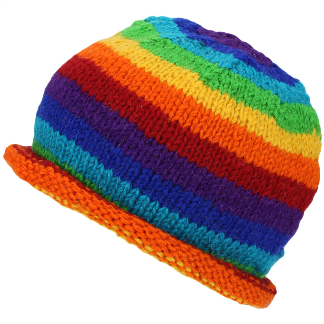 Chunky Wool Knit Beanie Hat with Rolled Brim - Rainbow