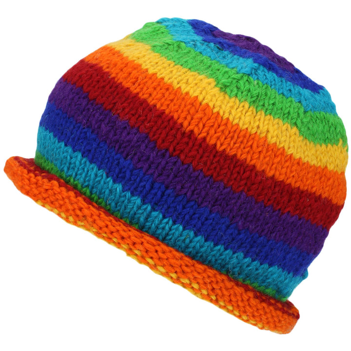 Chunky Wool Knit Beanie Hat with Rolled Brim - Rainbow