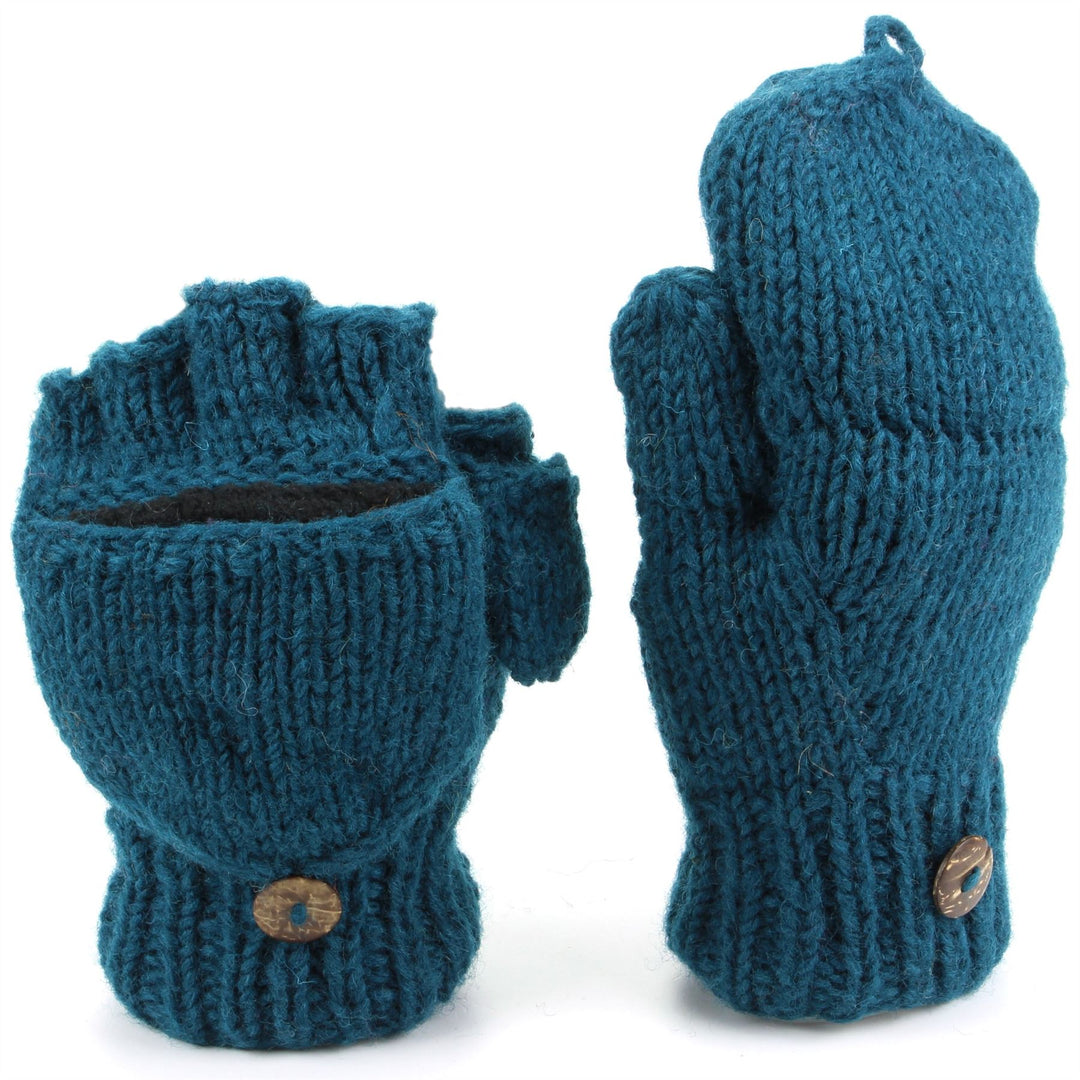 Chunky Wool Knit Fingerless Shooter Gloves - Plain - Teal