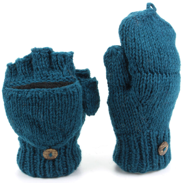 Chunky Wool Knit Fingerless Shooter Gloves - Plain - Teal