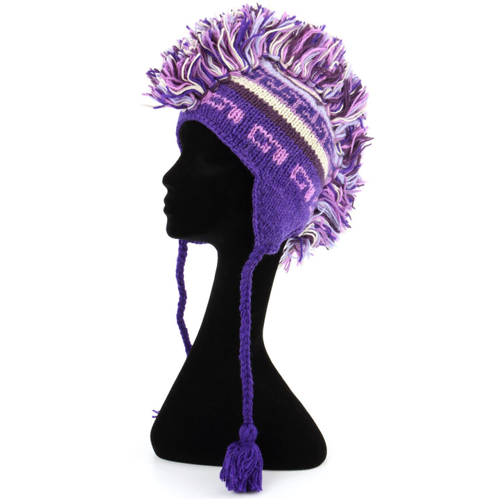 Wool Knit 'Punk' Mohawk Earflap Beanie Hat - Purples (Adult)