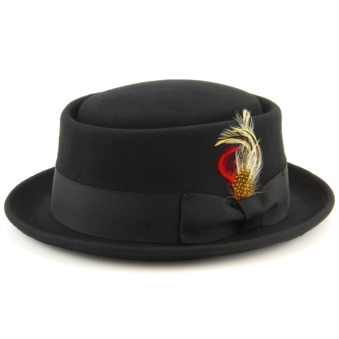 Maz 100% wool Pork pie hat with multicoloured side feather - Black