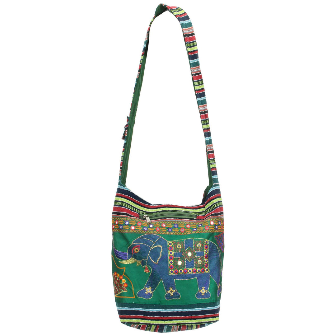 Embroidered Elephant Canvas Sling Shoulder Bag - Green