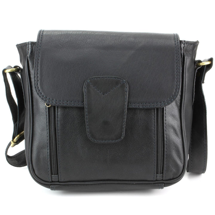 Real Leather Shoulder Bag with Large Extendable Front Pocket - Black
