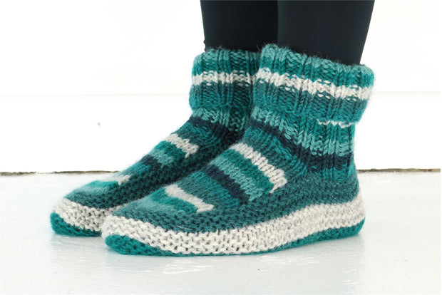 Hand Knitted Wool Slipper Socks - Stripe Teal