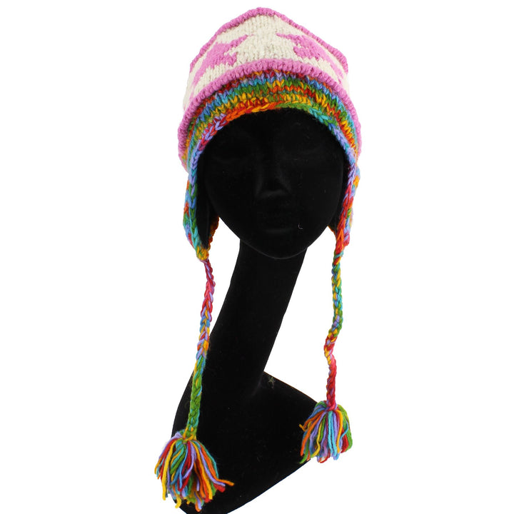 Wool Knit Earflap Tassel Hat - Star Rainbow SD Pink
