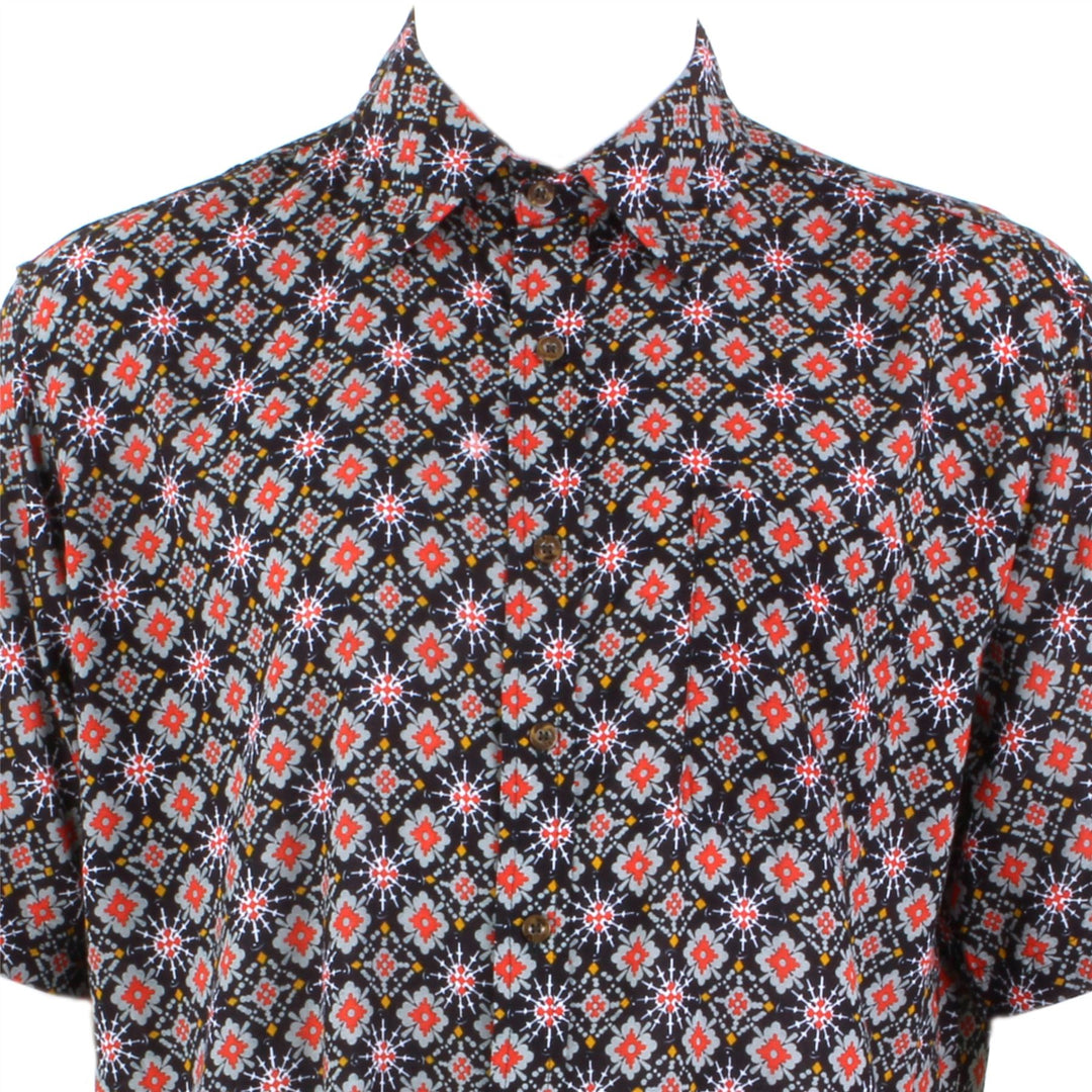 Regular Fit Short Sleeve Shirt - Black Red & Grey Abstract