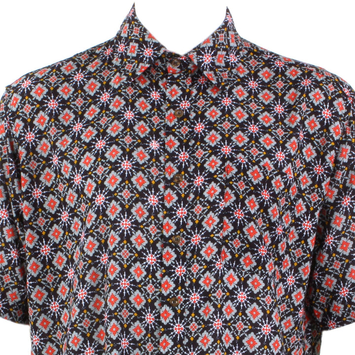 Regular Fit Short Sleeve Shirt - Black Red & Grey Abstract