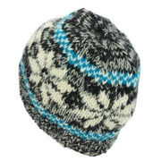 Hand Knitted Wool Beanie Hat - Snowflake Grey Turquoise