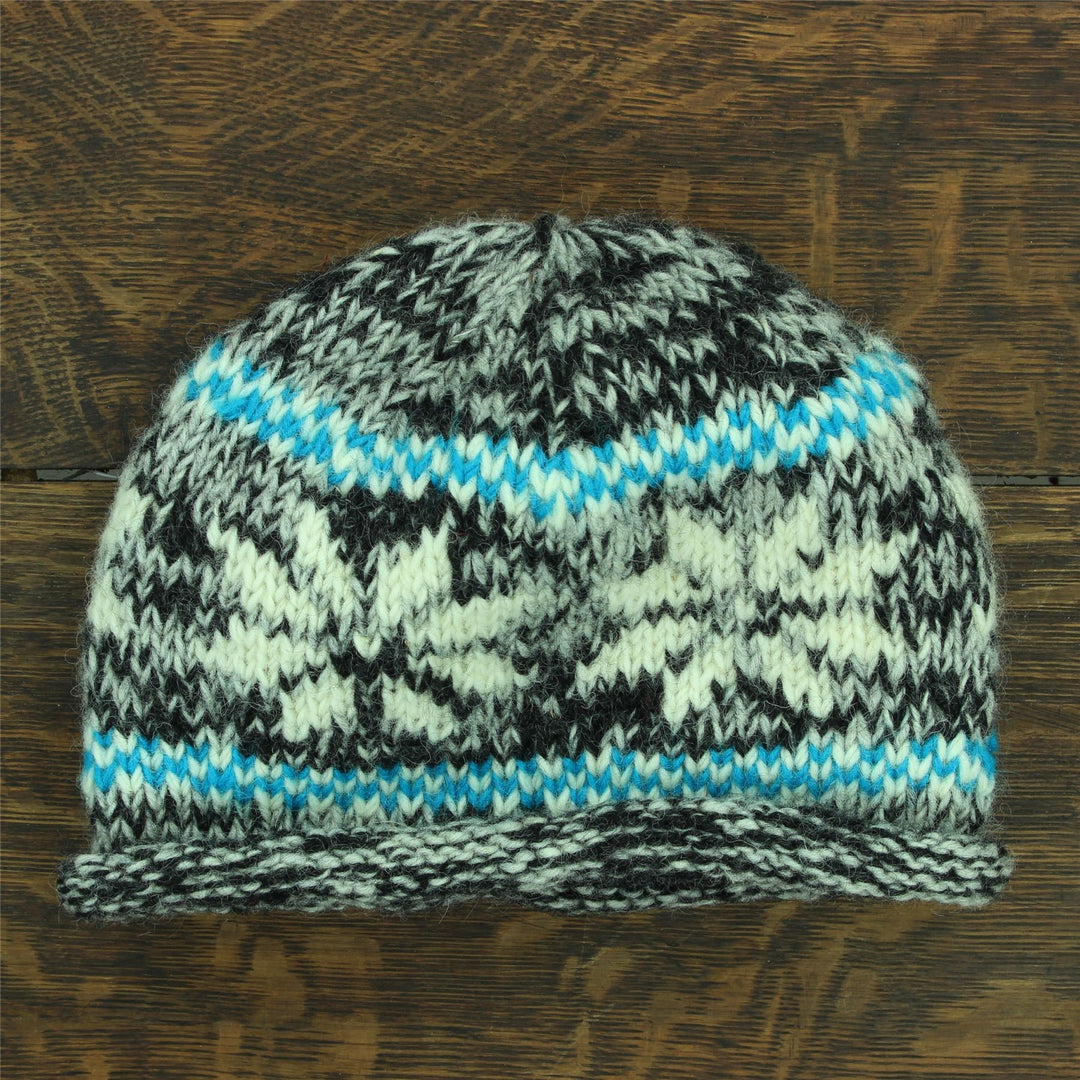 Hand Knitted Wool Beanie Hat - Snowflake Grey Turquoise