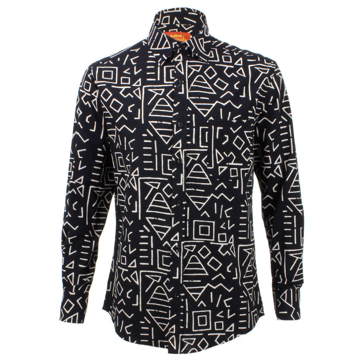 Regular Fit Long Sleeve Shirt - Black with White Abstract Shapes