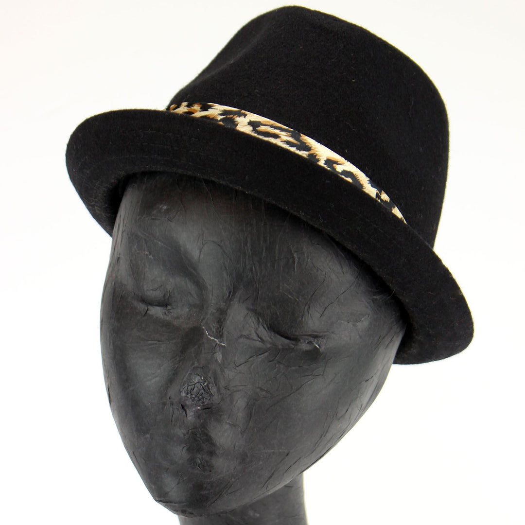 Women's felt rolled brim trilby hat with satin leopard print band - Black (57cm)