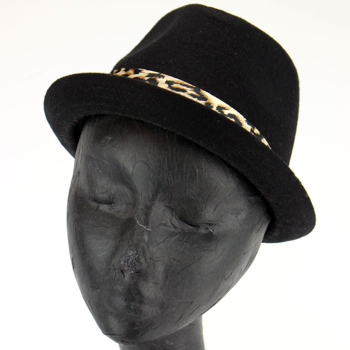 Women's felt rolled brim trilby hat with satin leopard print band - Black (57cm)