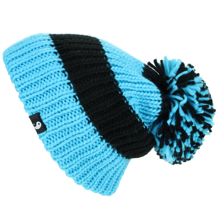 Chunky Acrylic Knit Beanie Hat with a MASSIVE Bobble - Blue & Black