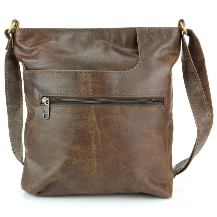 Real Leather Shoulder Bag with Front Zip and Pouch Pocket - Dark Brown