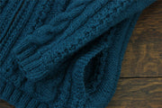 Handmade Wool Cable Knit Hooded Jacket - Teal