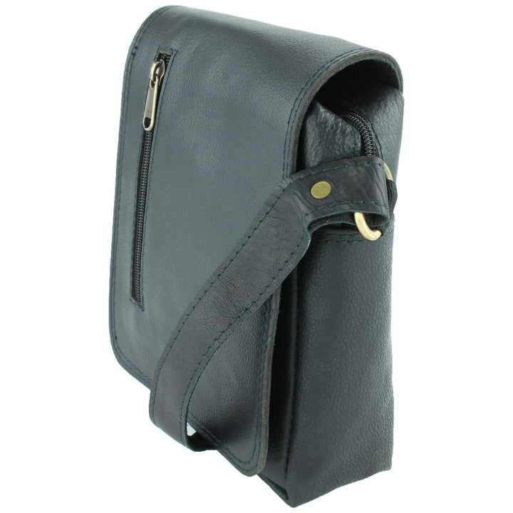 Real Leather Shoulder Bag with Front Zip - Black