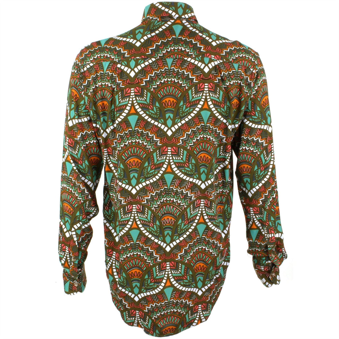 Regular Fit Long Sleeve Shirt - Brown Green & Orange Abstract