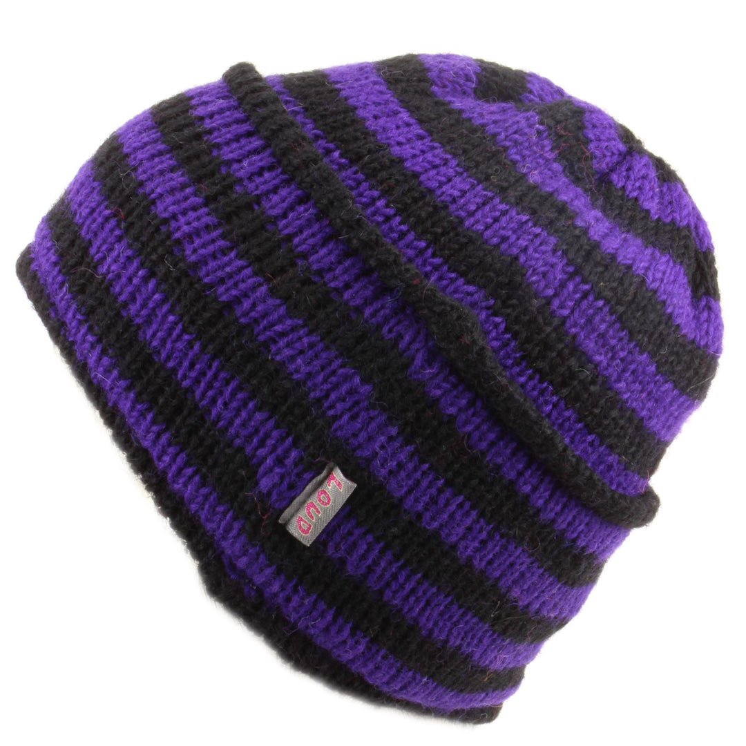 Wool Knit Ridge Beanie Hat with Fleece Lining - Purple & Black
