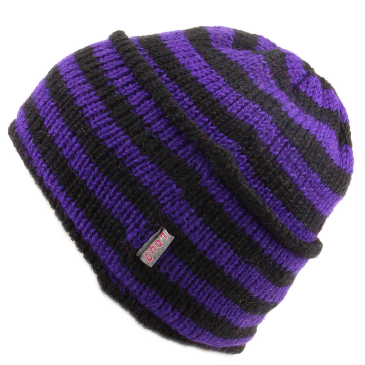 Wool Knit Ridge Beanie Hat with Fleece Lining - Purple & Black