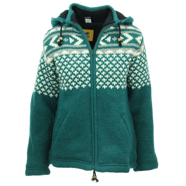 Hand Knitted Wool Hooded Jacket Cardigan Ladies Cut - Fairisle Teal