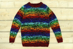 Pull en laine tricoté à la main - rayure arc-en-ciel noir sd